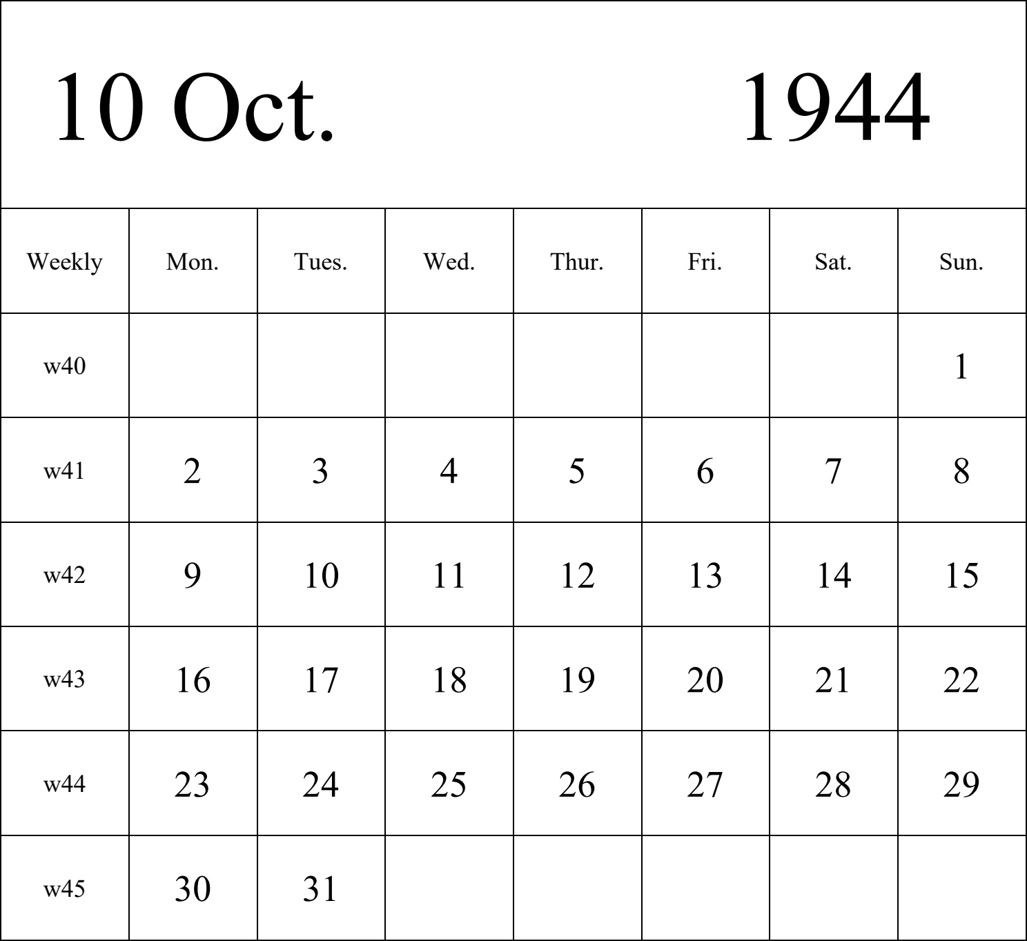 日历表1944年日历 英文版 纵向排版 周一开始 带周数 带节假日调休安排